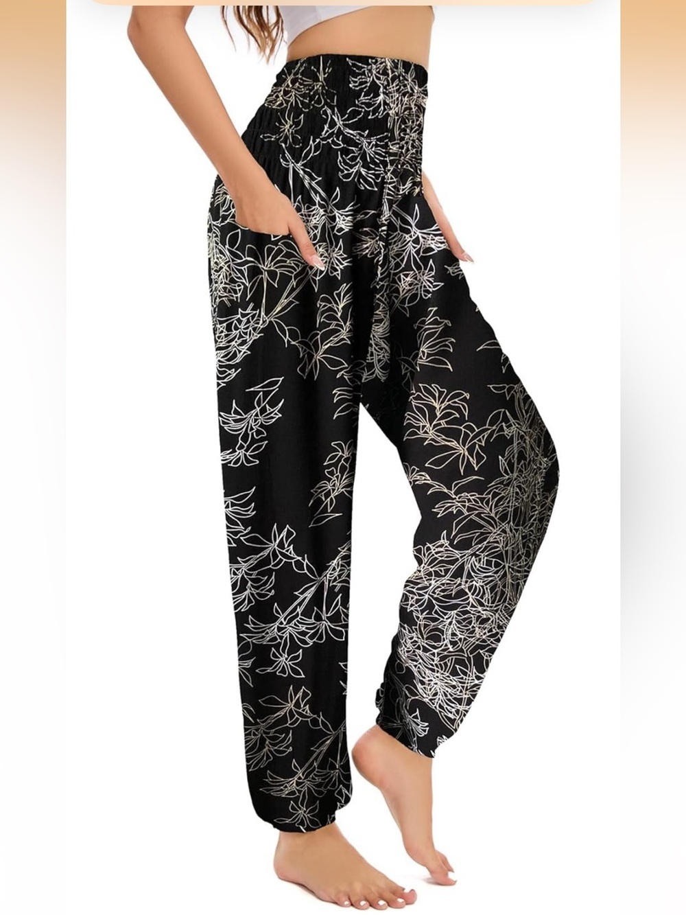 Black Floral Print Harem Pants - Women's Casual Jumpsuit Bottoms